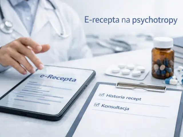 Lekarz korzysta z tabletu z napisem "e-Recepta", przygotowując się do wypisania recepty na leki psychotropowe. Obok leki i dokumentacja medyczna.