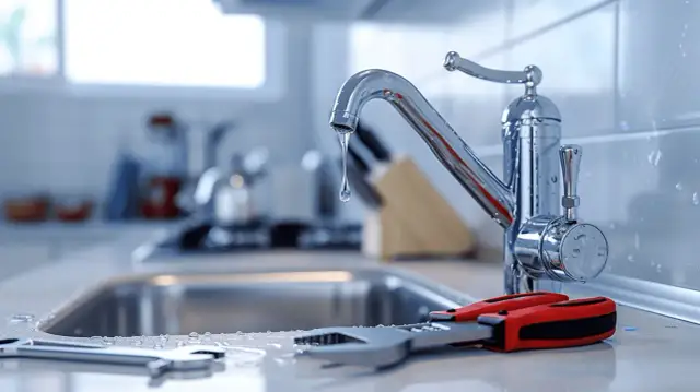 Kropla wody spada z jednouchwytowego kranu, obok klucze. Czas na naprawę cieknącego kranu jednouchwytowego.