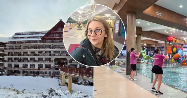 Hotel Gołębiewski zimą, kobieta w holu i basen z atrakcjami.