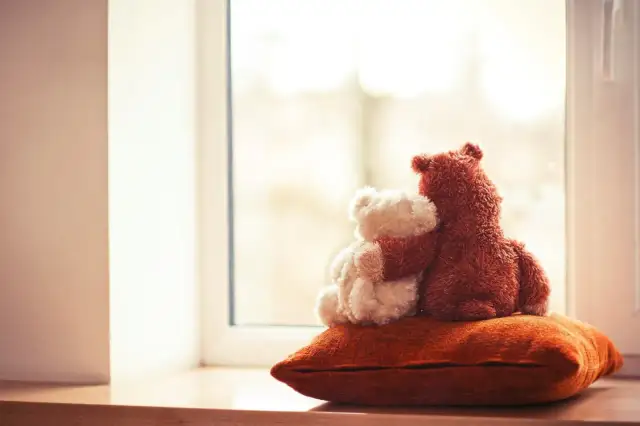 Dwa pluszowe misie, jeden brązowy obejmuje białego, siedzą na poduszce przy oknie.