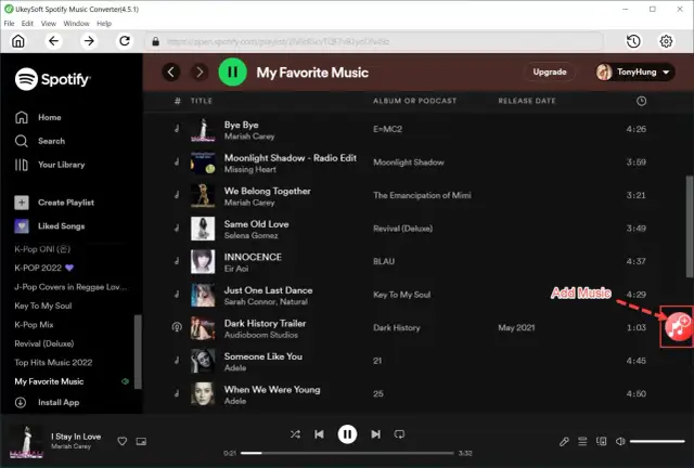 Spotify: lista utworów "My Favorite Music" z zaznaczonym przyciskiem dodawania muzyki.