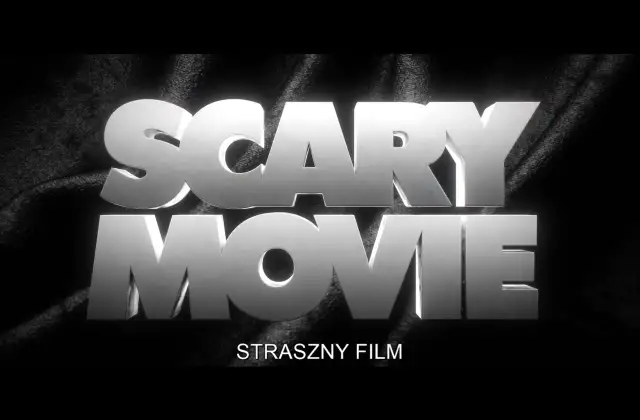 Napis "SCARY MOVIE" w metalicznym połysku, poniżej mniejszy napis "STRASZNY FILM".