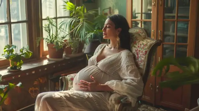 Kobieta w ciąży siedzi w fotelu, relaksując się. To idealny moment, by dowiedzieć się, jak przygotować się do pierwszego badania prenatalnego.