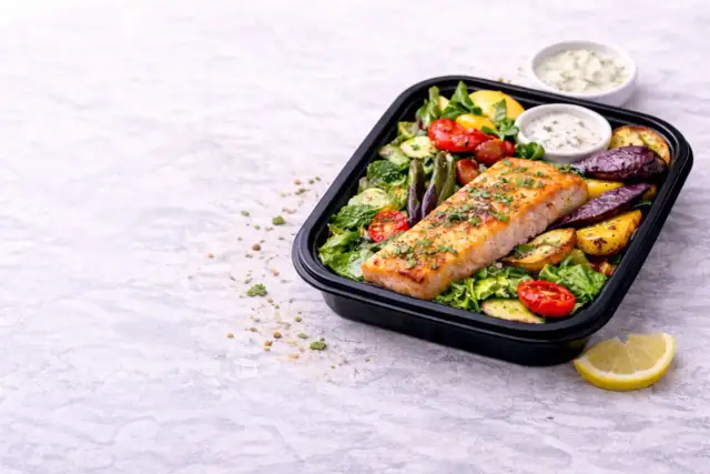 Pyszny łosoś z pieczonymi warzywami i ziołowym dipem. Idealny posiłek na dietę low carb.