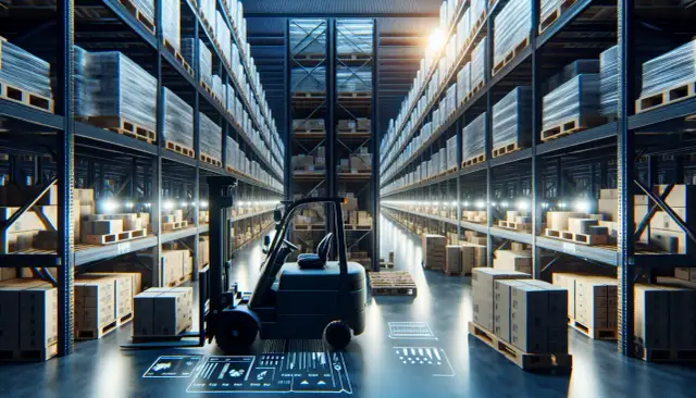 Wózek widłowy w nowoczesnym magazynie. W tle regały z towarami. Na podłodze hologramy, jakby dla magazyniera kod zawodu.