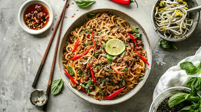 Szybki przepis na makaron ryżowy z wołowiną i chrupiącymi warzywami