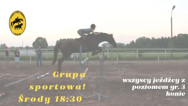 Jeździec na koniu pokonuje przeszkodę na placu treningowym.