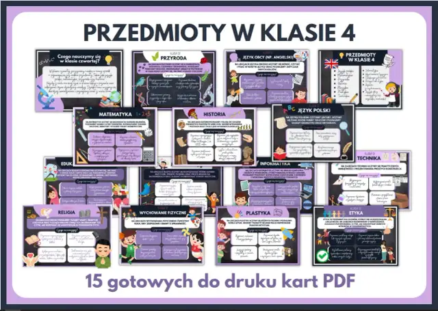 Przedmioty w klasie 4: przyroda, matematyka, historia, język polski, język obcy, informatyka, technika, plastyka, wychowanie fizyczne, edukacja, religia, etyka.