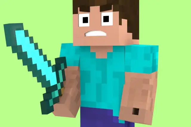 Postać z gry Minecraft trzymająca niebieski miecz na zielonym tle.