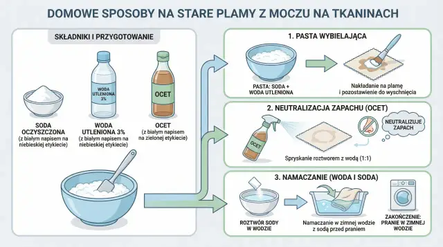 Ilustracja przedstawia składniki i etapy usuwania plam z moczu z tkanin: sodę, wodę utlenioną, ocet, pastę wybielającą, neutralizację zapachu i namaczanie.