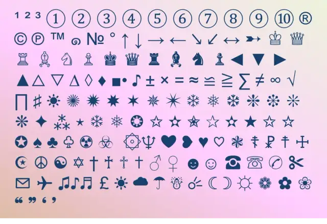 Zbiór symboli matematycznych i graficznych, w tym cyfry, strzałki, figury geometryczne, symbole religijne i inne.