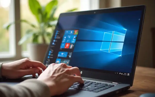 Dłonie piszące na laptopie z widocznym logo Windows 10 na ekranie.