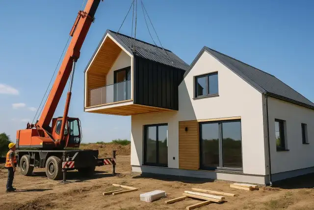 Nowoczesny dom drewniany wznoszony przez dźwig. Montaż modułu z balkonem.