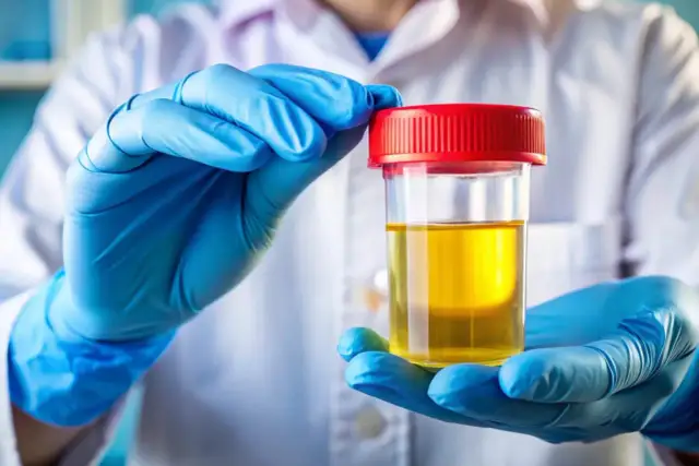 Ręce w niebieskich rękawiczkach trzymają pojemnik z żółtym moczem. Wynik badania wskazuje na leukocyty w moczu 30-50.