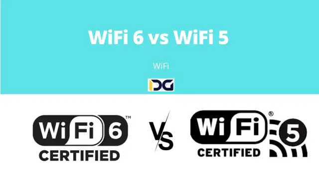 Porównanie WiFi 6 i WiFi 5. Logo WiFi 6 po lewej, WiFi 5 po prawej, z symbolem "vs" pośrodku.