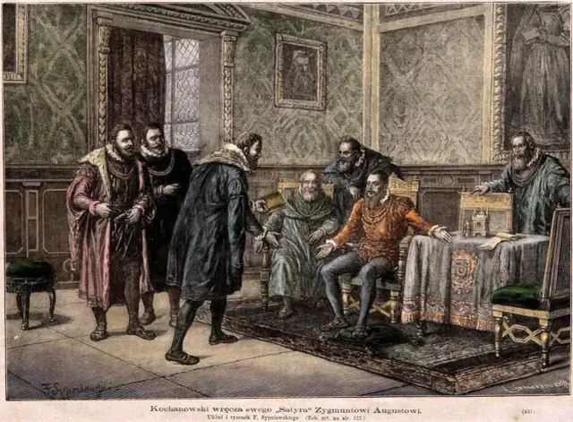 Grupa mężczyzn w strojach renesansowych w bogato zdobionym wnętrzu.