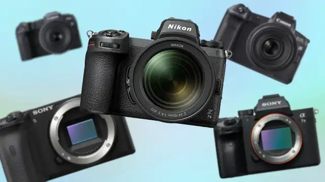 Kilka czarnych aparatów cyfrowych różnych marek (Nikon, Sony, Canon) na jasnoniebieskim tle.