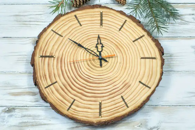 Zegar z plastra drewna, idealny pomysł jak zrobić zegar do szkoły. Naturalne znaczniki godzin i proste wskazówki.