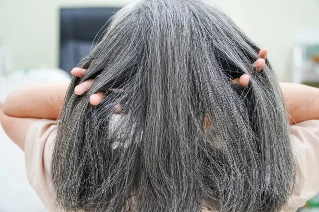 Długie, siwe włosy w odcieniach srebra i grafitu, delikatnie przeczesywane palcami. Inspiracja, jak nosić siwe włosy z godnością.