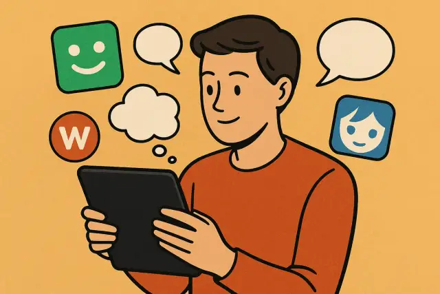 Chłopak z tabletem szuka informacji, skąd pobierać komiksy po polsku. Widoczne ikony aplikacji i dymki myśli.