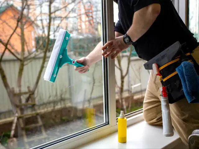 Osoba myje okno zieloną myjką, obok stoi żółta butelka ze sprayem.