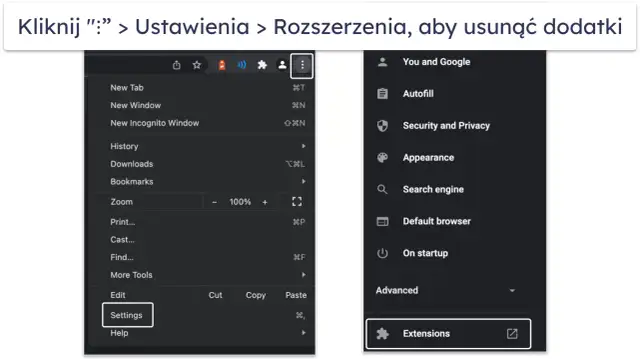 Kliknij „:”: > Ustawienia > Rozszerzenia, aby usunąć Yahoo z przeglądarki Chrome.