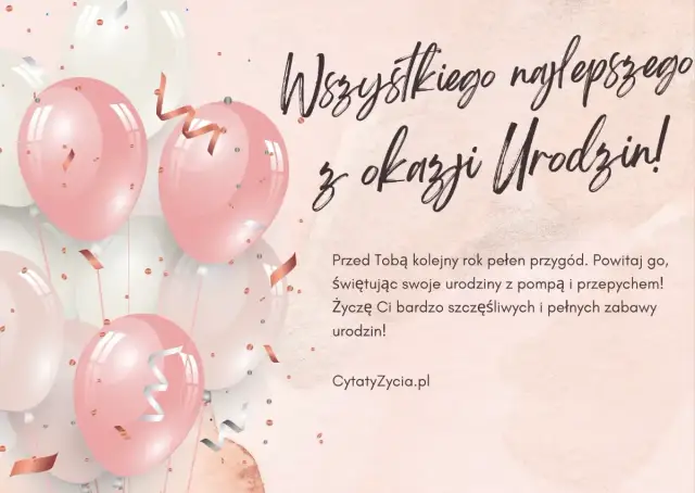 Różowe i białe balony unoszą się w powietrzu, tworząc tło dla życzeń urodzinowych. To idealny moment na mądre życzenia urodzinowe dla siostry, pełne radości i przygód.
