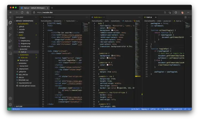 Kod JavaScript w VS Code pokazuje, jak zainstalować przeglądarkę bez przeglądarki, tworząc interaktywny element.