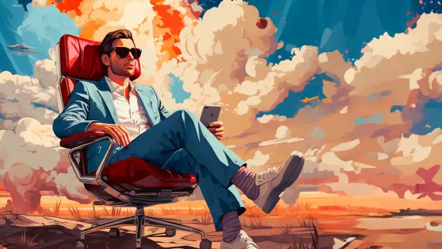 Mężczyzna w garniturze siedzi w fotelu, zastanawiając się, czy darmowe treści celebryty są lepsze niż jego płatny kurs premium.