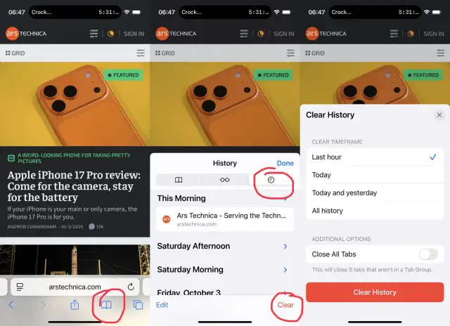 Gdzie jest przeglądarka w iPhone? Ikona książki na dole ekranu otwiera historię, a opcje czyszczenia są widoczne.