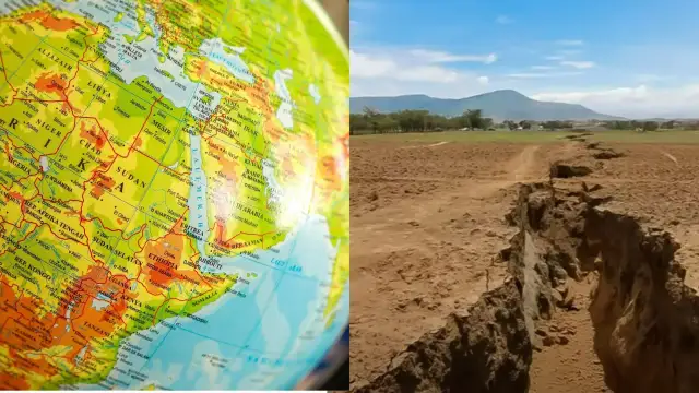 Mapa świata z zaznaczonym **Rów Afrykański** i jego krajobrazem.