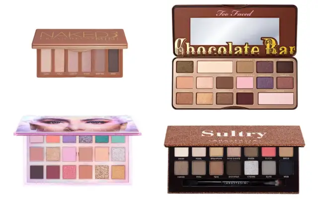 Palety cieni do powiek: Urban Decay Naked 3 Mini, Too Faced Chocolate Bar, Huda Beauty i Anastasia Beverly Hills Sultry. Idealne dla typu urody zima.