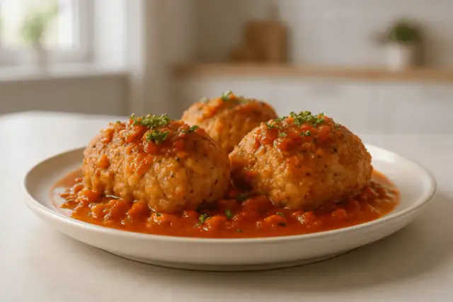 Trzy pyszne gołąbki bez zawijania w sosie pomidorowym, posypane natką pietruszki. Idealne na obiad!