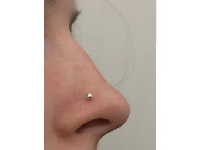 Zbliżenie na nos z małym, srebrnym kolczykiem.