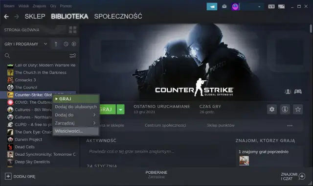 Ekran biblioteki Steam z menu kontekstowym gry Counter-Strike: Global Offensive.