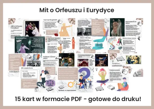 Plakat z grafikami i tekstem o micie Orfeusza i Eurydyce, przedstawiający sceny z mitu i elementy popkultury.
