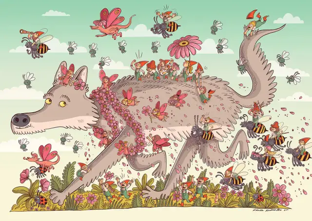 Wymyślona baśń o zwierzętach: wilk z kwiatami na grzbiecie, na którym siedzą skrzaty, latają pszczoły i wróżki.