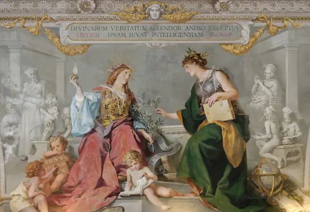 Fresk przedstawiający alegorie, dzieci uczące się i postacie w antycznych szatach.