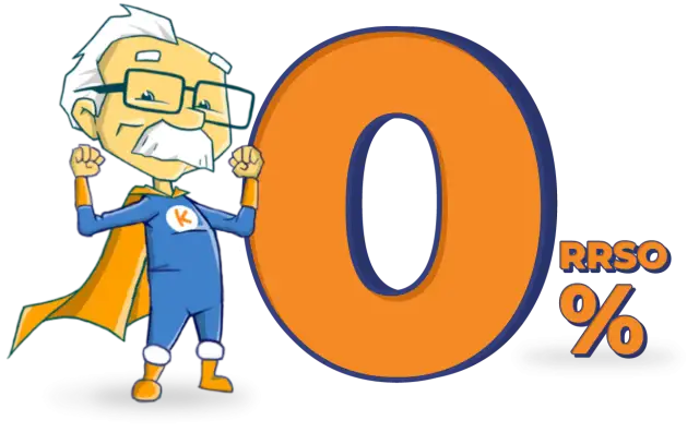 Superbohater z literką "K" na piersi i pomarańczową peleryną obok wielkiej cyfry 0. Obok napis "RRSO 0%". Czy Kuki sprawdza BIK?