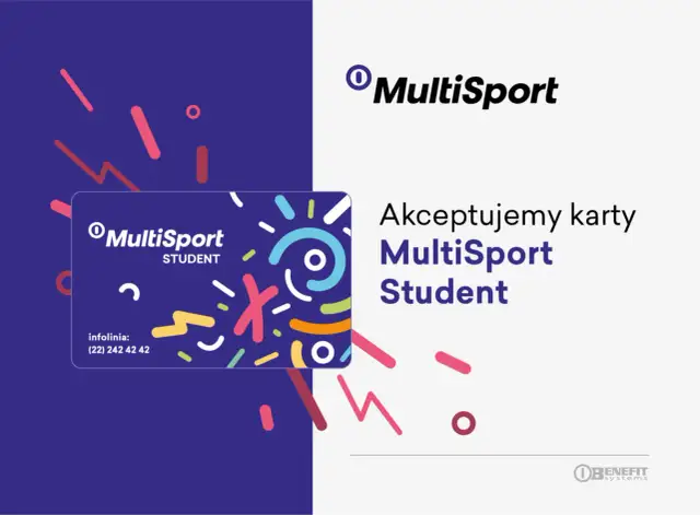 Karta MultiSport Student na tle kolorowych kształtów i tekstu "Akceptujemy karty MultiSport Student".