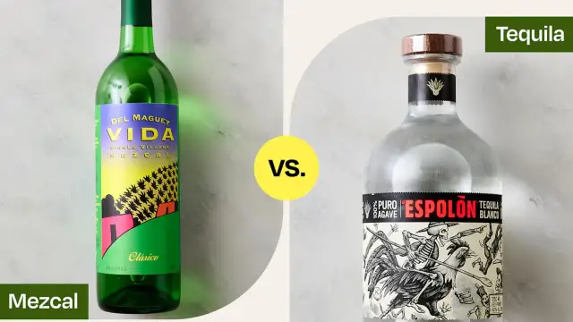Zielona butelka mezcalu Del Maguey Vida kontra przezroczysta butelka tequili Espolón Blanco. Który drink wybierzesz?