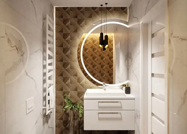 Nowoczesna łazienka z umywalką i szafką, nad którą wbudowane lustro w płytki z podświetleniem.