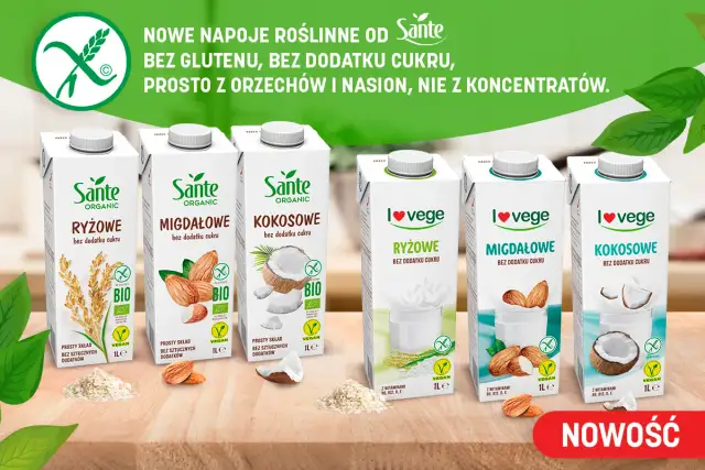 Rzędy kartonów z napojami roślinnymi Sante i I love vege: ryżowe, migdałowe, kokosowe.