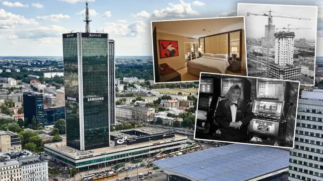 Wieżowiec Marriott w Warszawie, z widokiem na miasto, pokój hotelowy i budowę Pałacu Kultury. Ile pięter ma Marriott?