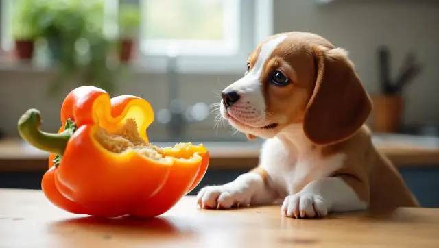 Uroczy szczeniak zastanawia się, czy pies może jeść paprykę. Pomarańczowa papryka leży obok, kusząc młodego łakomczucha.