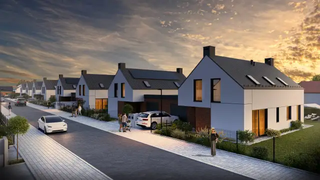 Nowoczesne domy szeregowe z panelami słonecznymi i ludźmi spacerującymi ulicą.