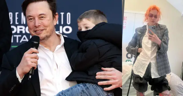 Elon Musk z synem i Grimes w stylizacji z pomarańczowymi włosami.
