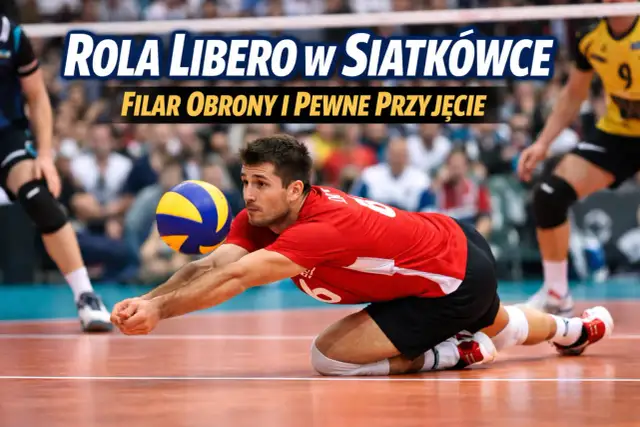 Siatkarz w czerwonej koszulce wykonuje obronę piłki w locie, klęcząc na parkiecie.