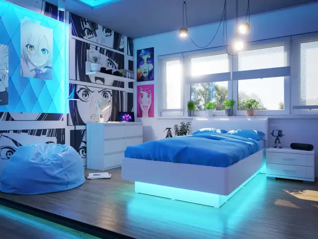 Nowoczesny pokój dla dziewczyny 16 lat z motywami anime, niebieskim łóżkiem i podświetlaną ramą.