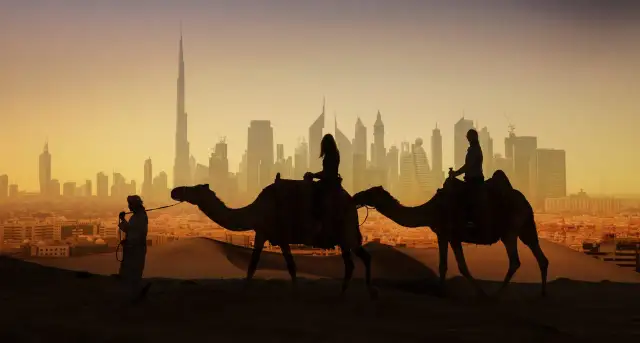 Karawana wielbłądów na tle Dubaju, miasta na kontynencie azjatyckim.